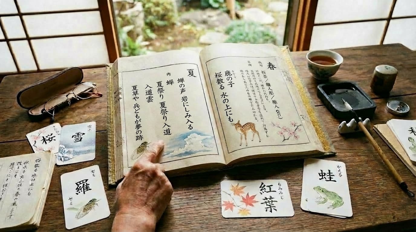 俳句歳時記の使い方：開かれた歳時記と季語カードのイメージ。季語の意味や例句を調べる際の活用シーン。