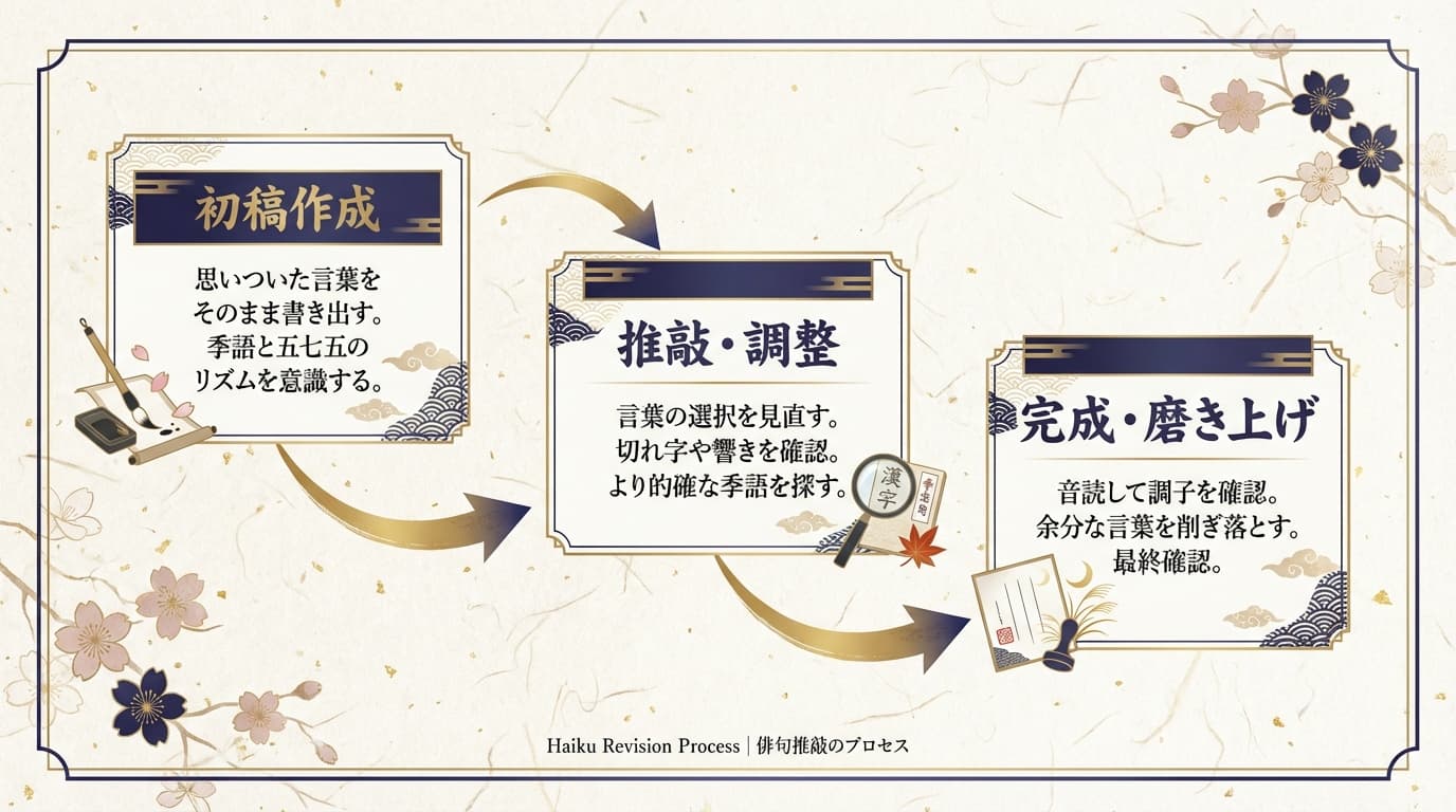 俳句の推敲プロセスを3段階（初稿作成、推敲・調整、完成・磨き上げ）で解説したフロー図。各ステップのコツと和風のイラストを添えた図解。