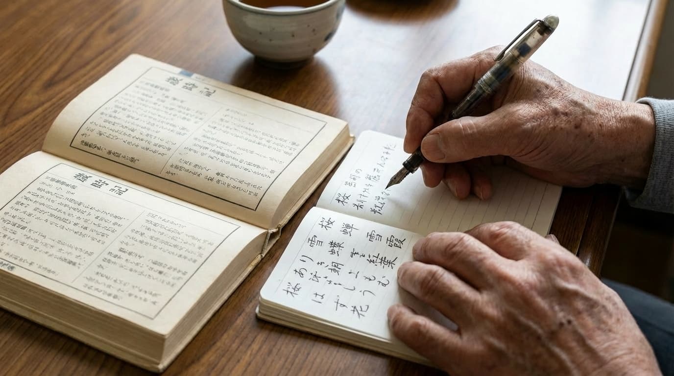 手帳にメモを取りながら俳句歳時記で季語を調べている様子