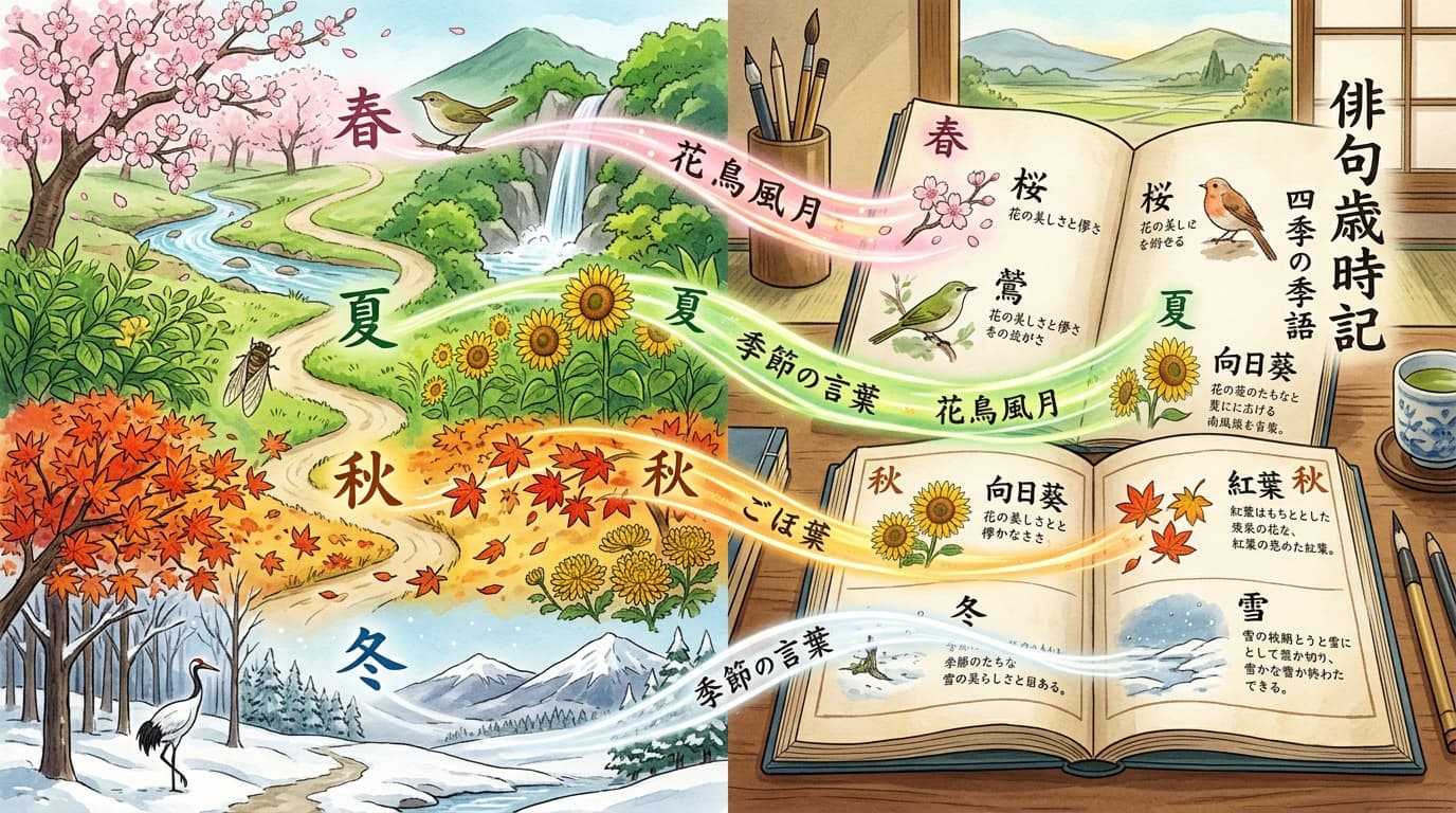 俳句歳時記の使い方を初心者向けに解説するイメージ図。四季（春夏秋冬）の自然風景や花鳥風月が、歳時記の中で「季節の言葉（季語）」としてまとめられる仕組みを表現しています。