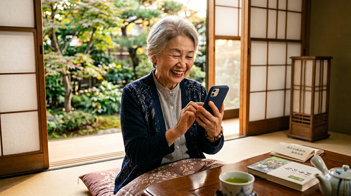 日当たりの良いリビングでスマートフォンを操作し、俳句アプリを使って自作の句を詠むシニア男性の様子