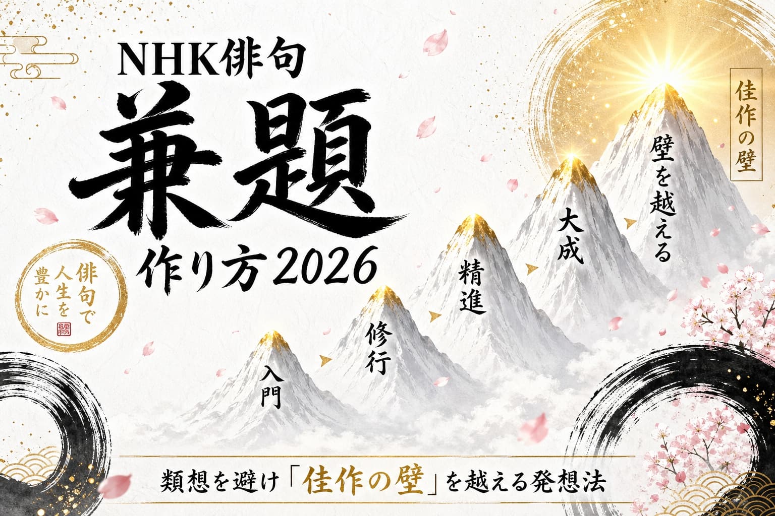 NHK俳句の兼題の作り方を解説した図。類想を避けて「佳作の壁」を越えるための入門から大成までのステップ。