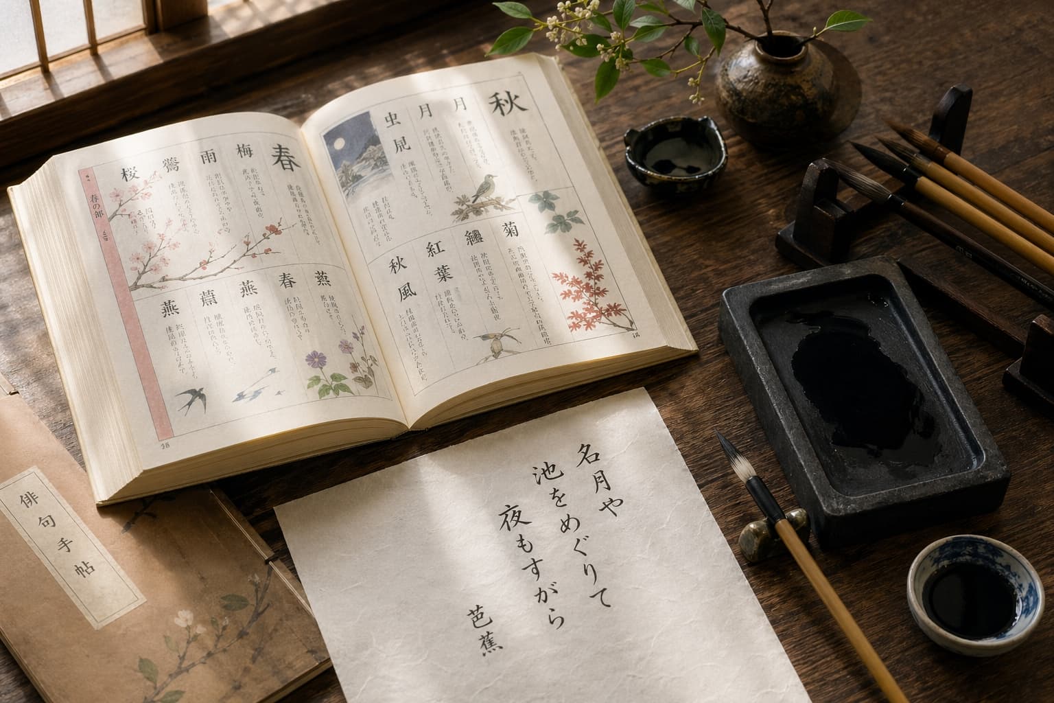 NHK俳句 兼題 作り方の解説図。歳時記で季語の傍題を調べ、類想を避けながら「佳作の壁」を越えるための推敲イメージ。