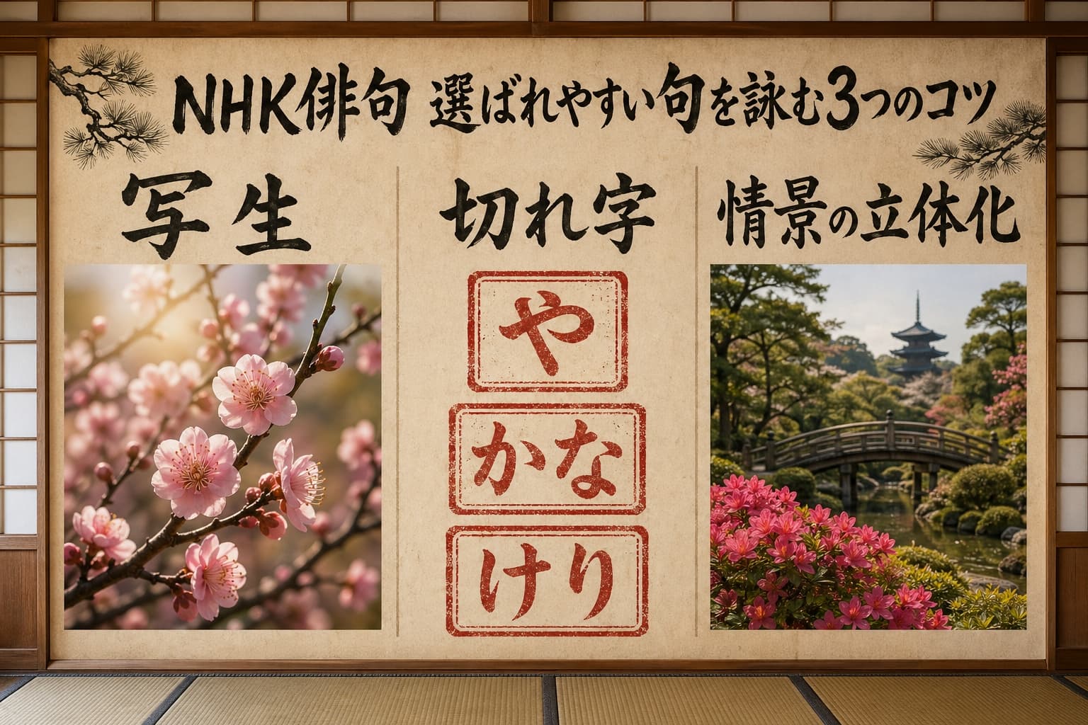 NHK俳句季語一覧から選んだ季語で選ばれやすい句を詠む3つのコツ。写生・切れ字（や・かな・けり）・情景の立体化を解説した補足図解。