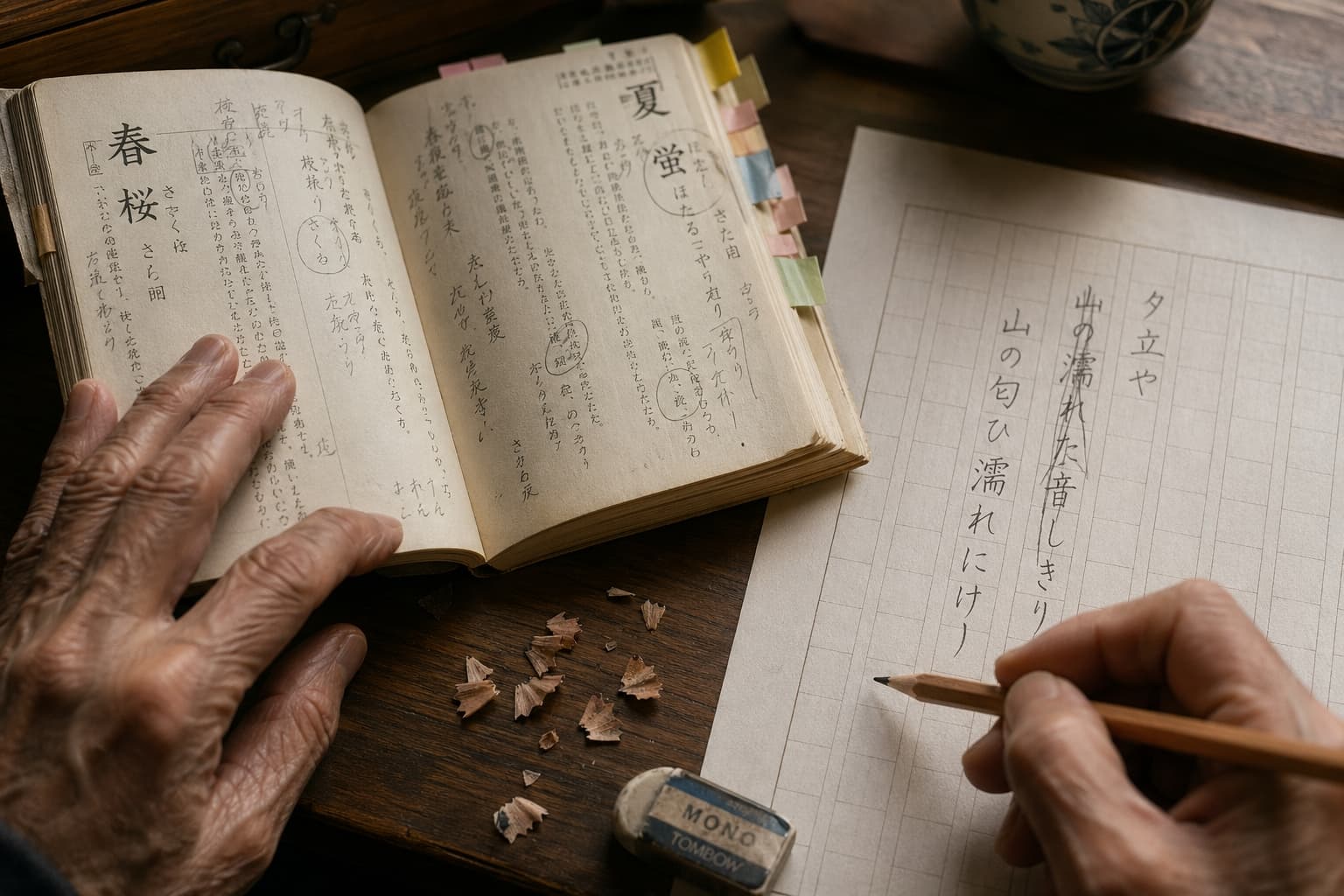 歳時記の季語を調べながら、原稿用紙の上で何度も推敲を重ねるNHK俳句投稿者の手元