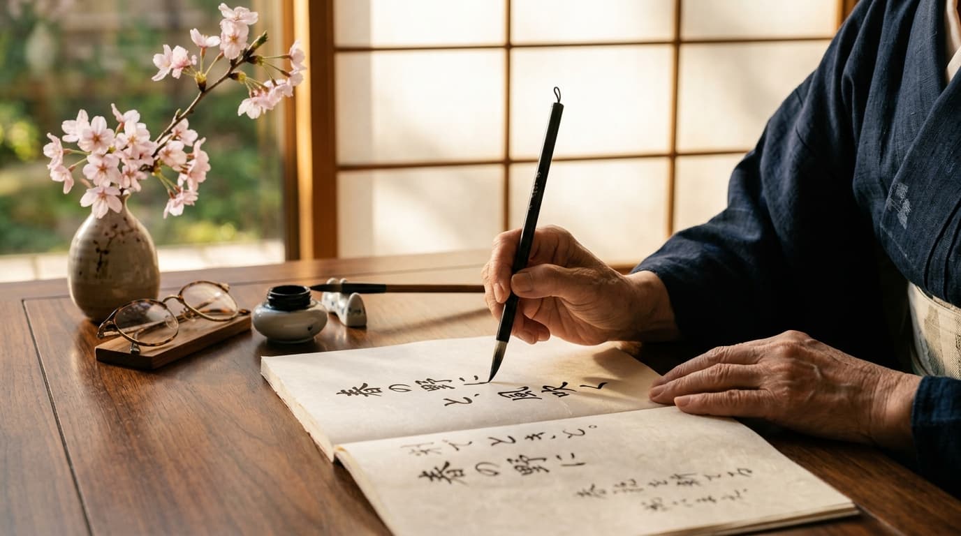 和室で筆を執り、NHK俳句の入選を目指してノートに自作の句を書き留め推敲するシニアの手元