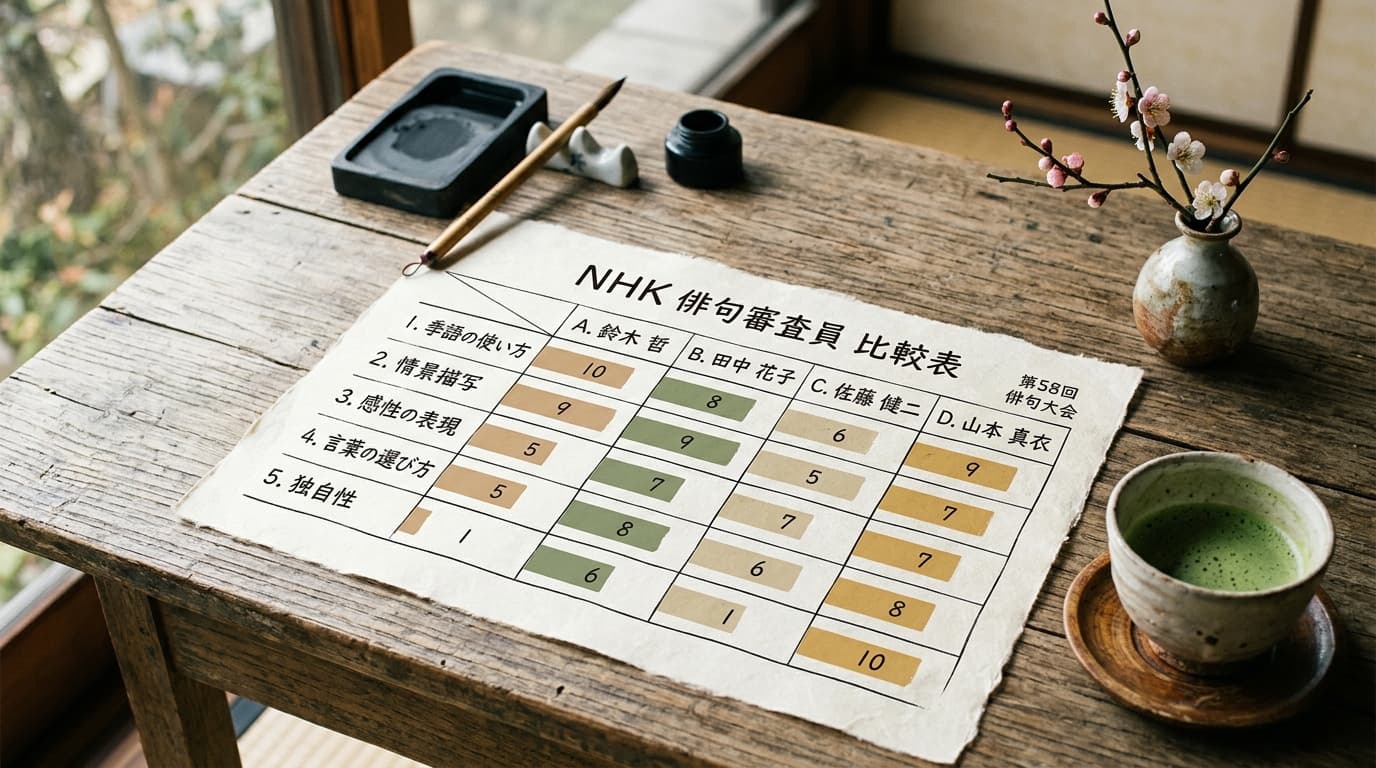 番組の各選者が重視するポイント（季語・情景・独自性）を比較した分析図解