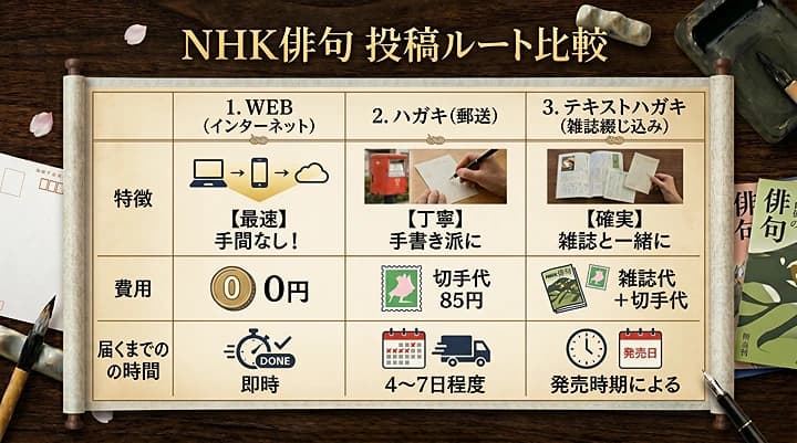 NHK俳句の投稿方法比較表。WEB（即時・0円）、ハガキ（4〜7日・切手代85円）、テキストハガキ（発売時期による）の3ルートを特徴別に解説した図解。