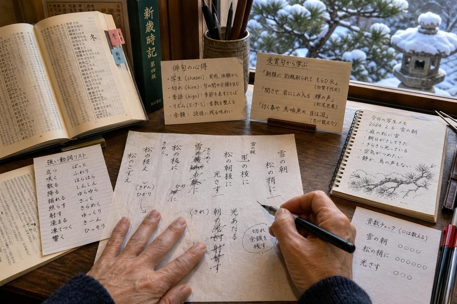 NHK俳句で選ばれやすい句の特徴を分析し、歳時記やノートを使って推敲を重ねる人の手元