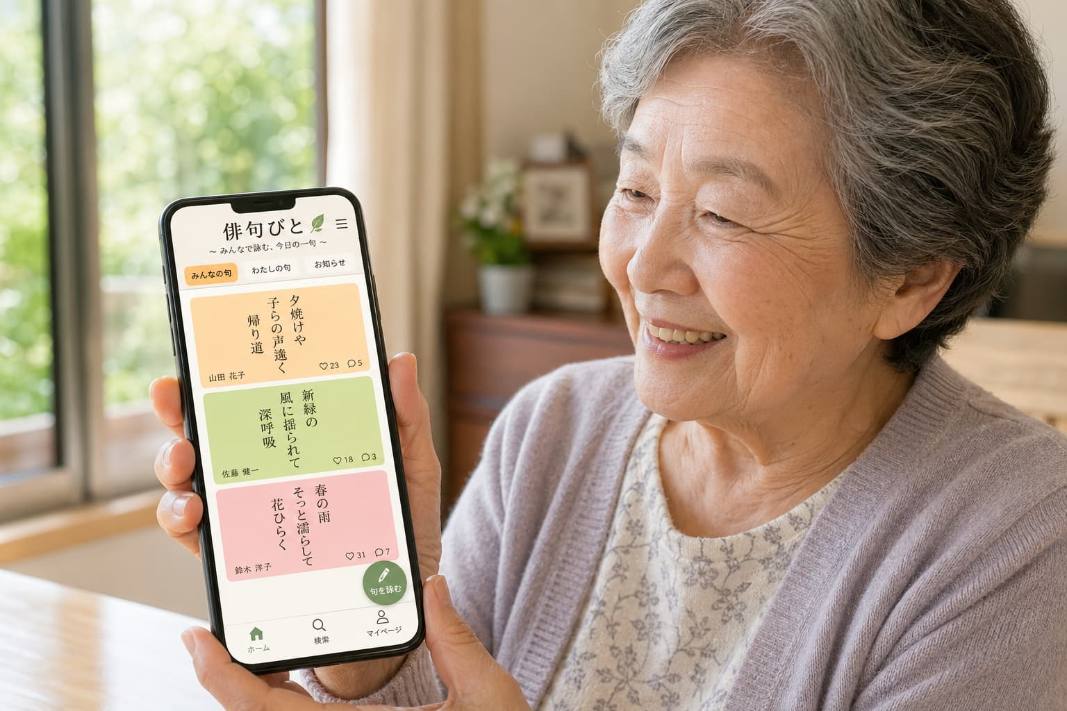 スマートフォンで俳句SNSアプリ「俳句びと」の縦書き投稿を見て微笑む高齢女性のイメージ。シニア向けの見やすい画面設計。