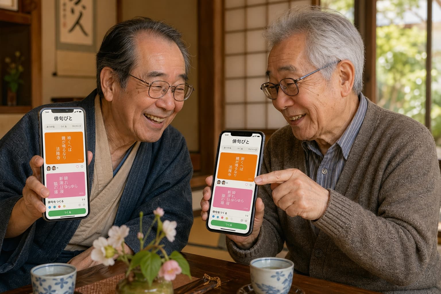 スマートフォンで俳句アプリ「俳句びと」を楽しむシニアの男性二人。笑顔で作品を見せ合い交流する様子。