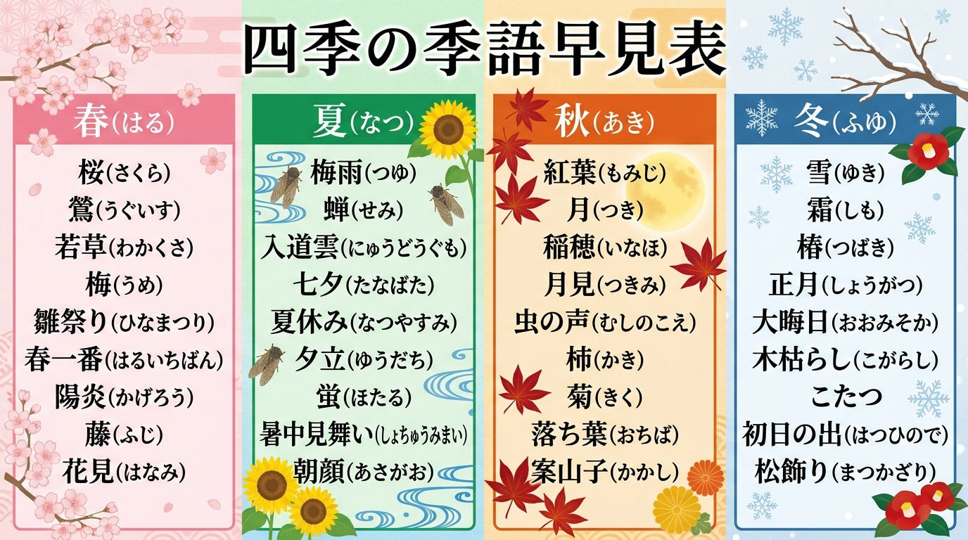 NHK俳句の投稿に役立つ、春夏秋冬の代表的な季語をまとめた早見表（一覧図解）