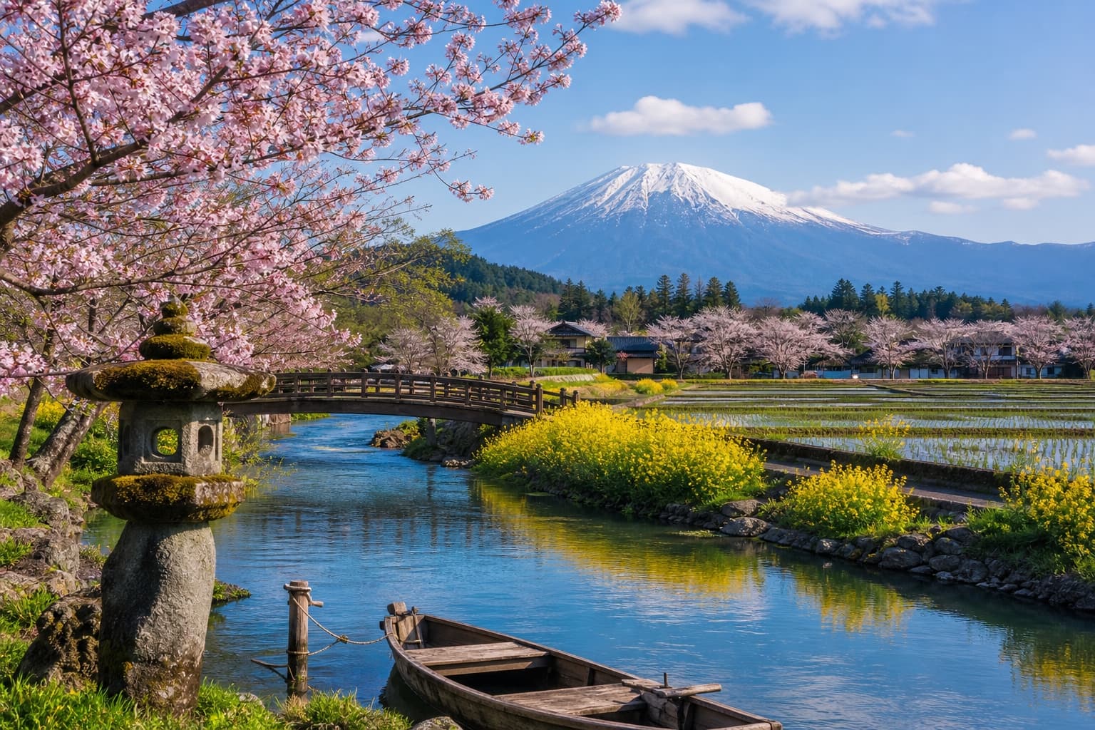 NHK俳句フォト575の実例。春の穏やかな川沿いに咲く桜と菜の花、富士山を望む構図。灯籠や小舟が配された奥行きのある写真は、俳句の季語や情景を盛り込みやすく初心者に最適な構図のコツを解説。