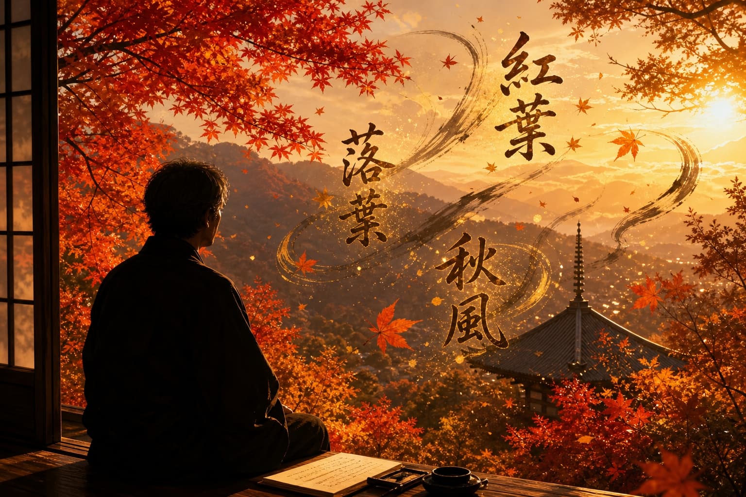 夕暮れの紅葉を眺めながら俳句の推敲を重ねる人物のシルエット。季語から情景を膨らませるイメージ図。