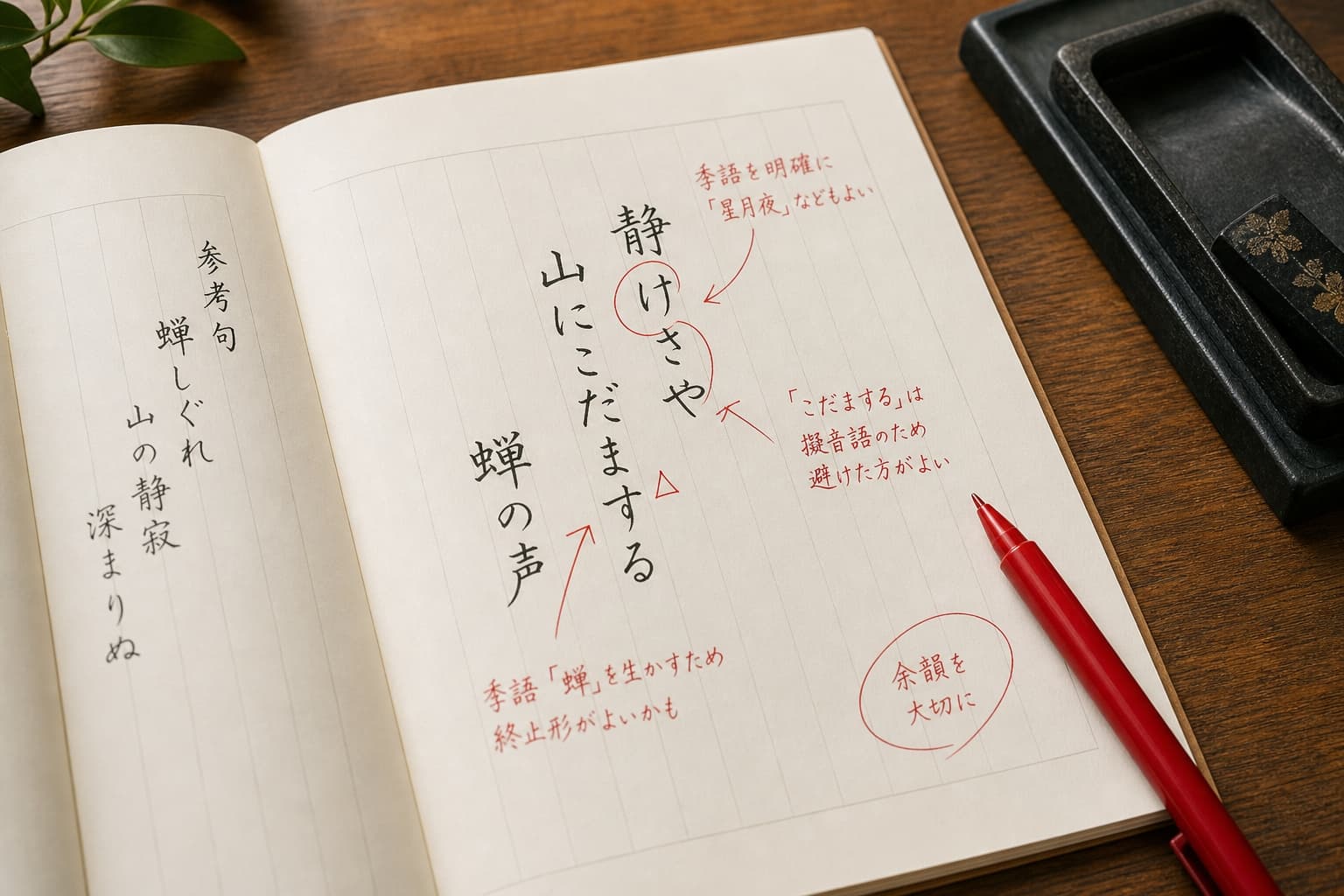 俳句の添削と推敲の実例。ノートに書かれた「静けさや 山にこだます 蝉の声」の句に対し、赤ペンで「季語を明確に」「余韻を大切に」と具体的なアドバイスが書き込まれたイメージ画像。