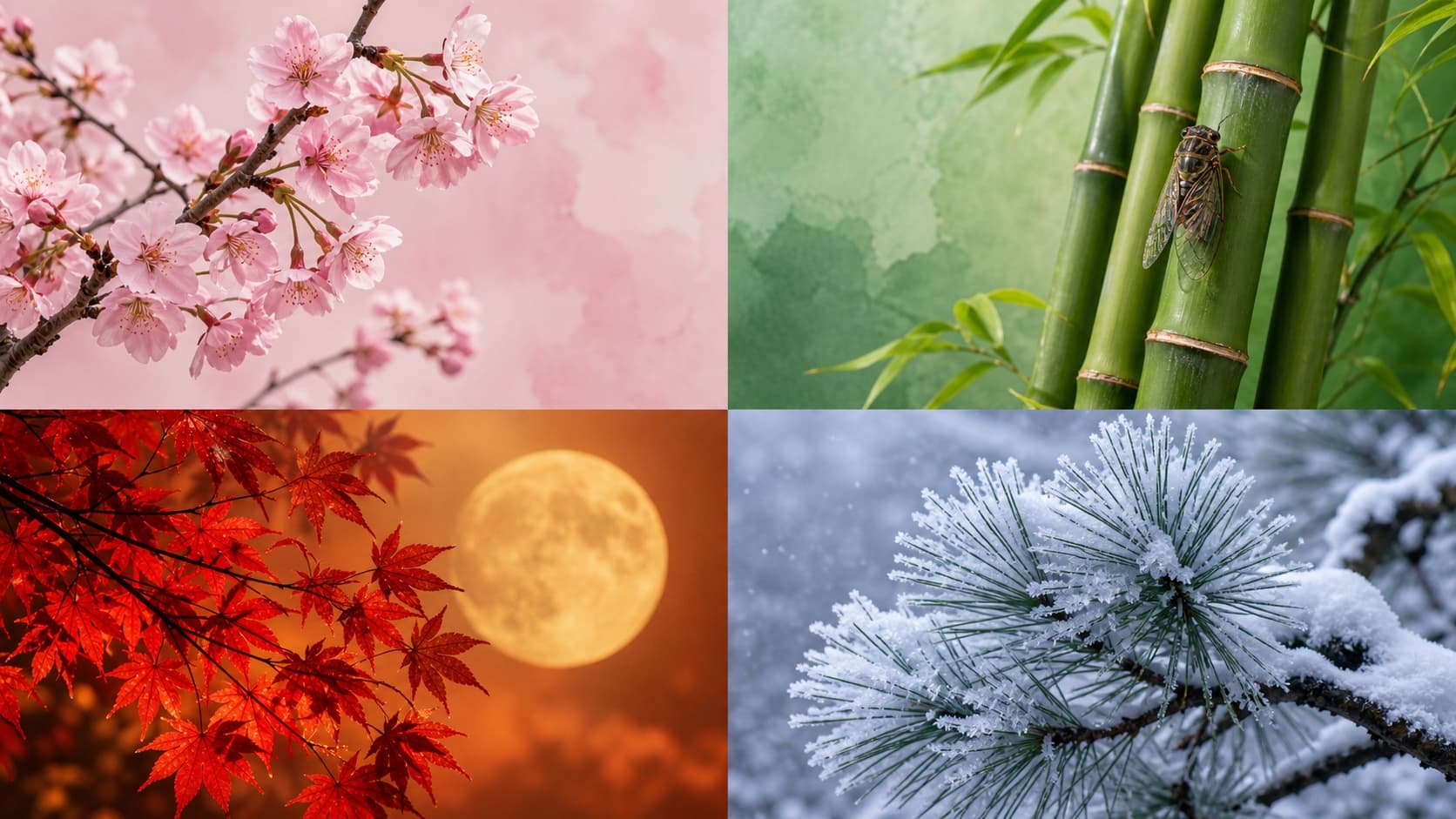春夏秋冬と新年の代表的な季語（桜、蝉、紅葉、雪など）を分かりやすく並べた、初心者向けの四季の季語一覧カード図。