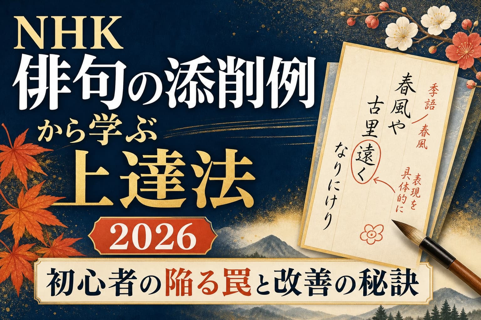 NHK俳句の添削例から学ぶ上達法2026|初心者の陥る罠と改善の秘訣を解説するアイキャッチ画像。赤ペンで添削された短冊のイメージ。
