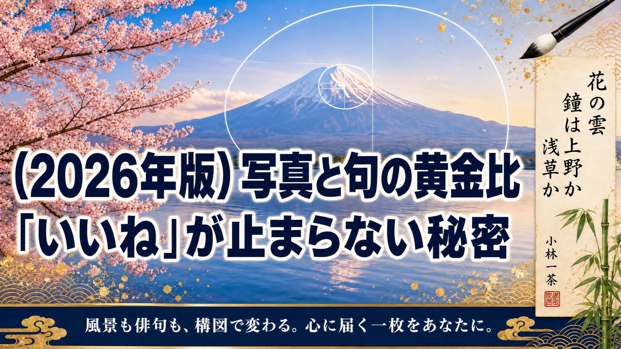 NHK俳句フォト575の作り方のコツを解説。富士山と桜の風景写真に黄金比を重ねた、初心者でも美しい一句が作れる構図の秘密。