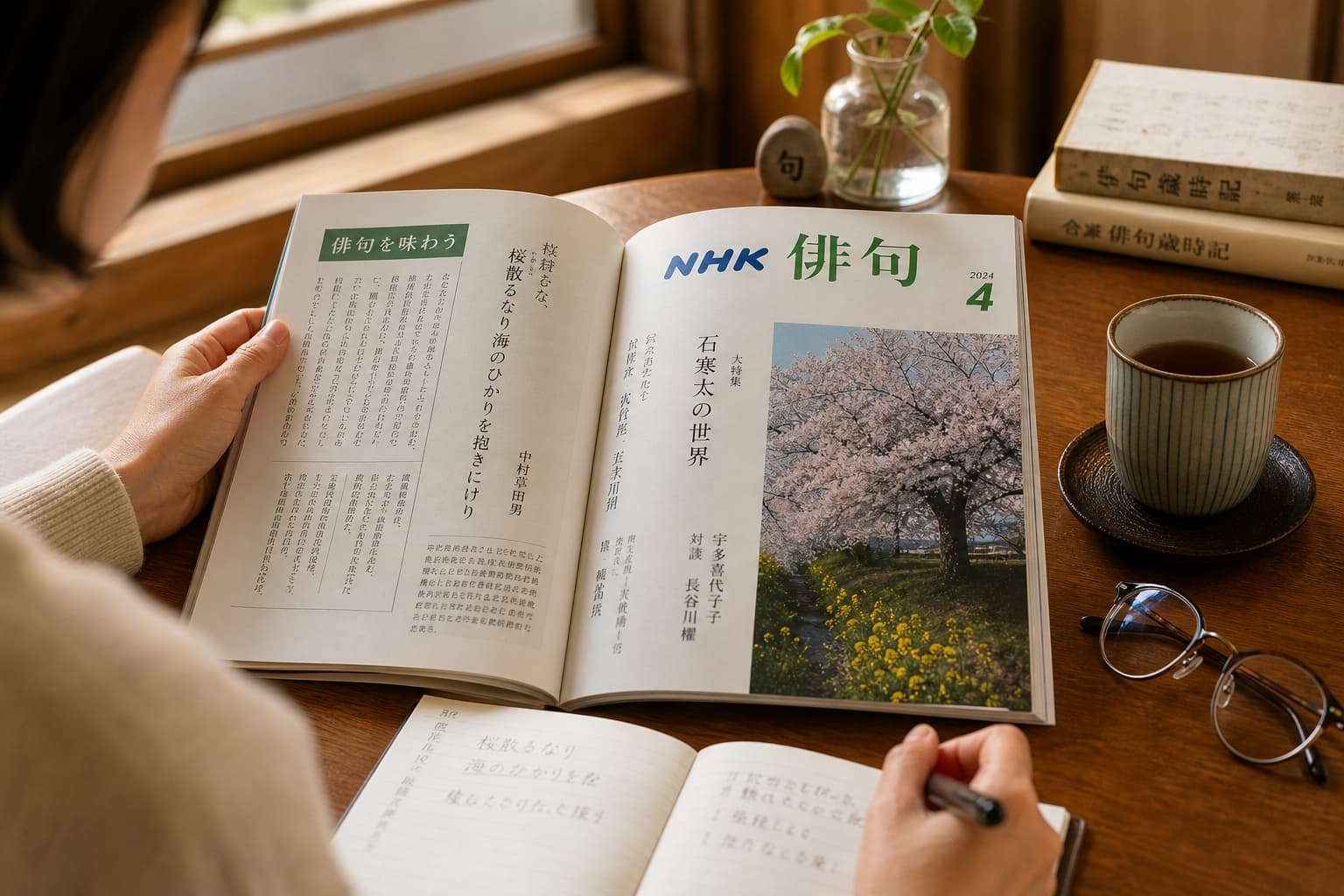 NHK俳句テキストを開いて自習ノートに書き写し学習をする様子。初心者でも上達を早める具体的な活用法のイメージ。