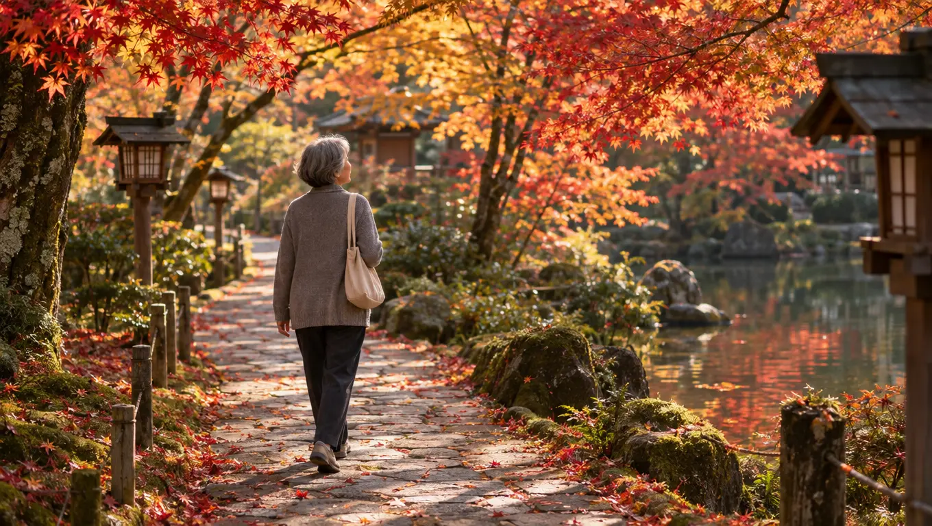 紅葉した日本庭園をゆっくり歩きながら吟行を楽しむ女性