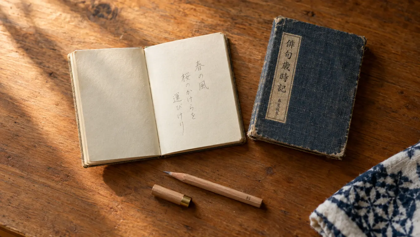 吟行の持ち物である小さなノートと歳時記と鉛筆