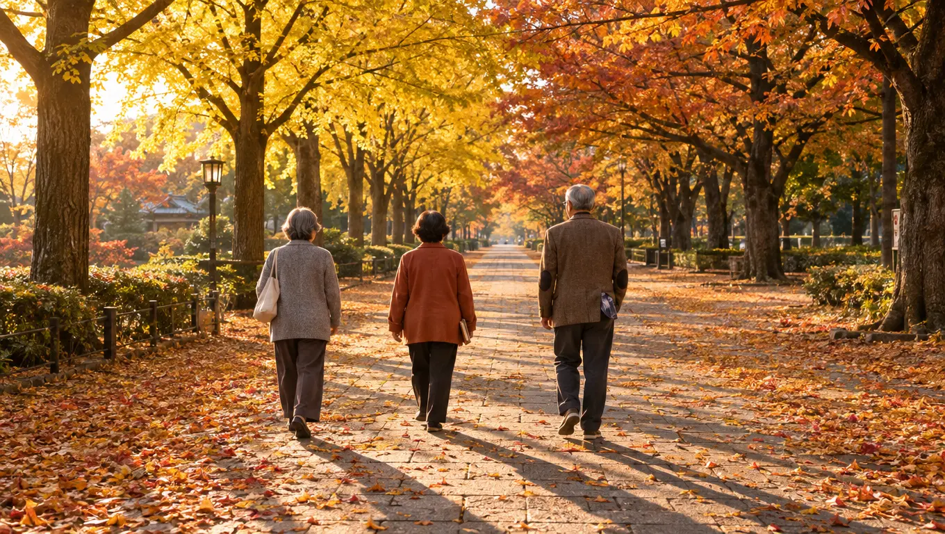 紅葉した並木道を三人で歩きながら吟行を楽しむ様子