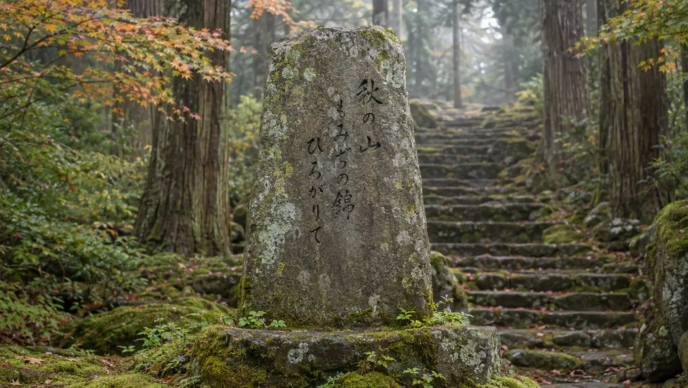 苔むした石段のそばに立つ俳句の句碑のイメージ