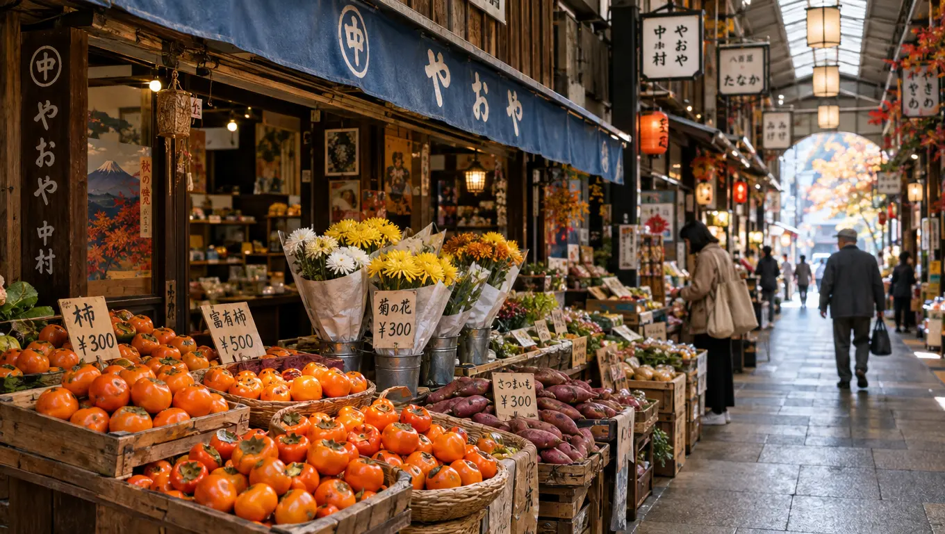 柿やさつまいもなど秋の食材が並ぶ日本の商店街