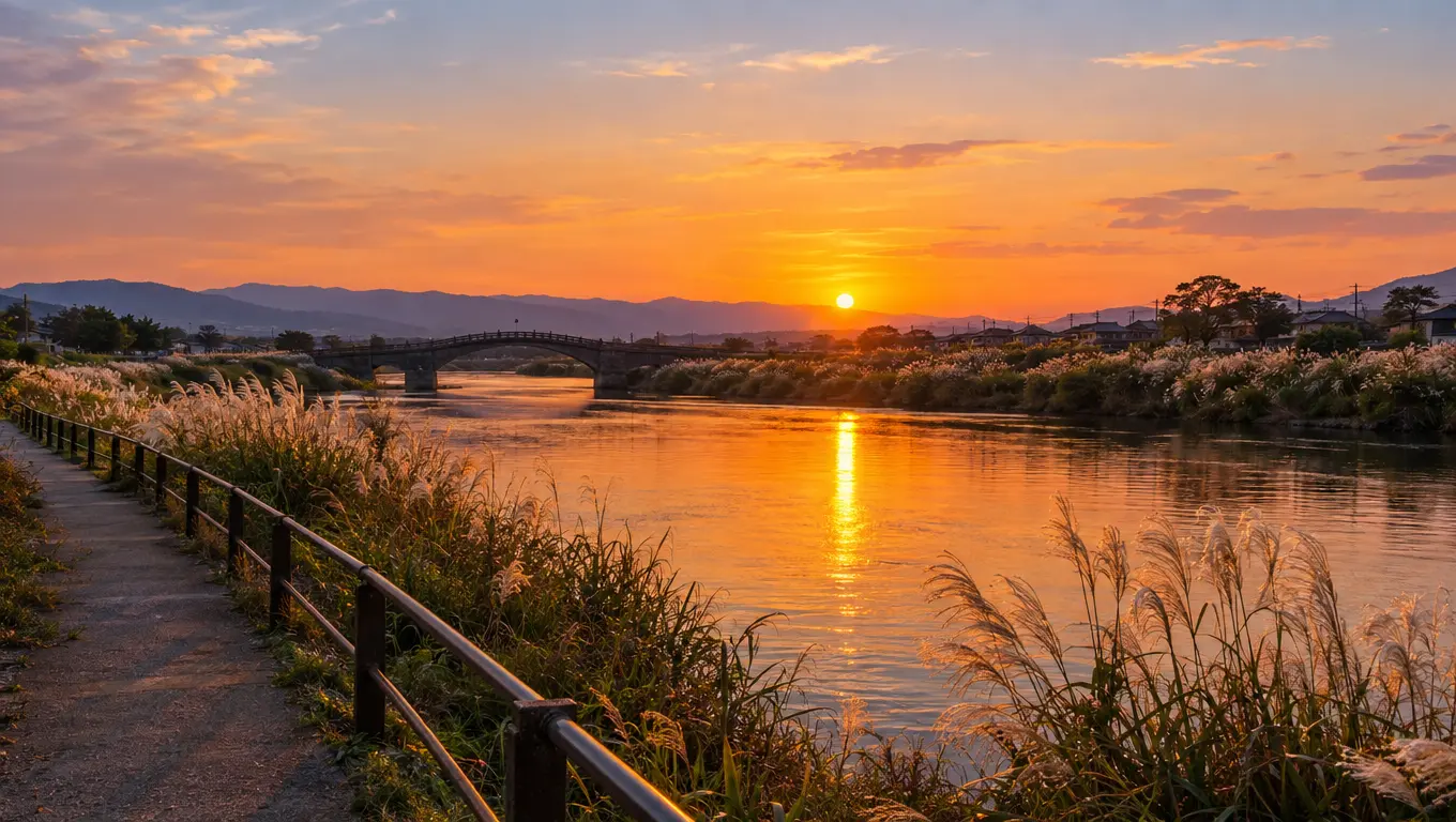 秋の夕日に照らされた川沿いとすすきが広がる風景