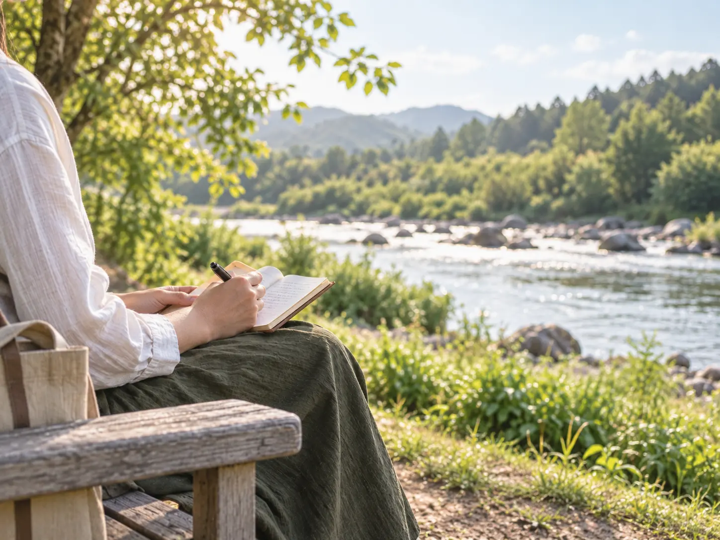 川辺のベンチに座り句帳に言葉を書き留める手元