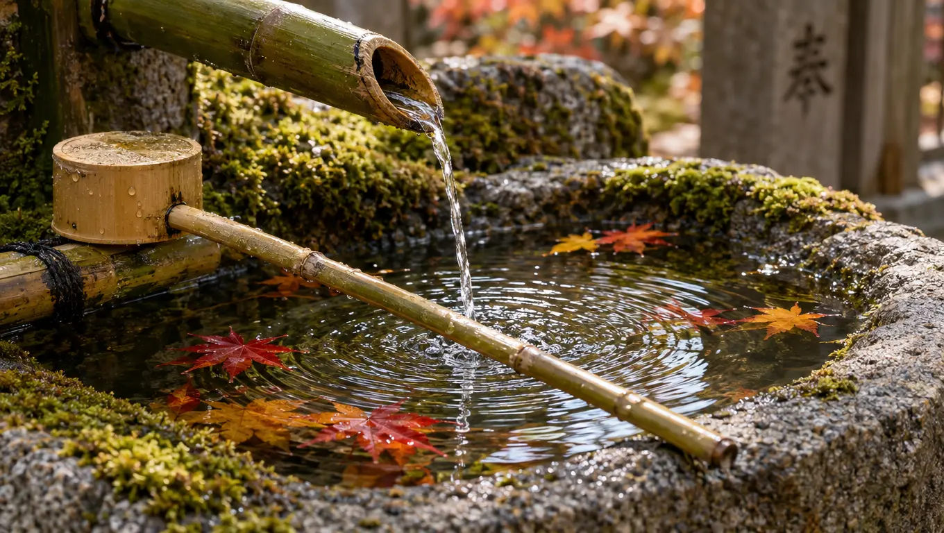 寺社の手水舎で竹筒から流れる水と水面に浮かぶ紅葉
