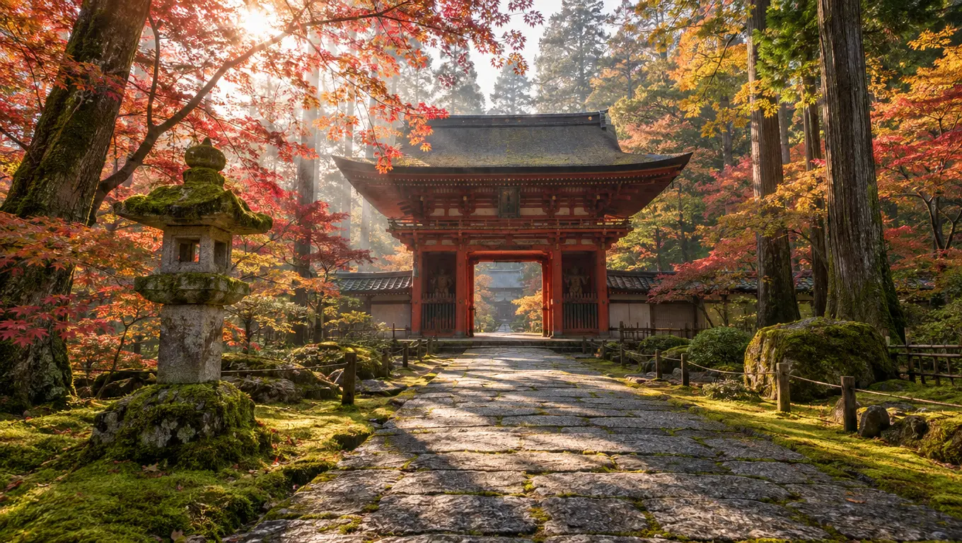 紅葉に包まれた寺社の境内と石畳の風景