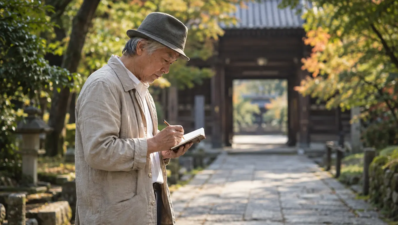 寺の境内で立ち止まり小さなノートに吟行の気づきを書き留める男性