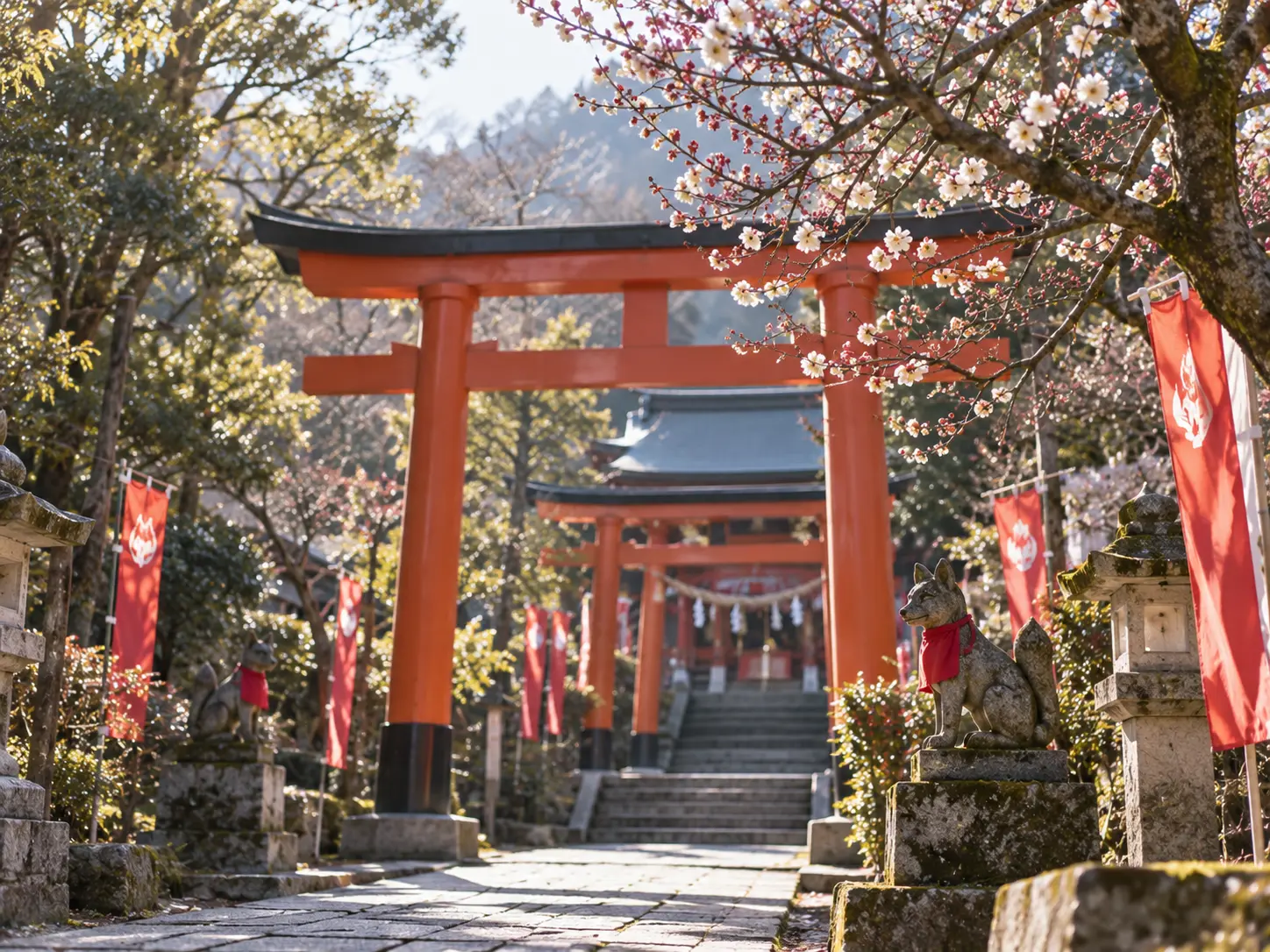 梅が咲く稲荷神社の朱色の鳥居。2月の春の季語「初午」の風景