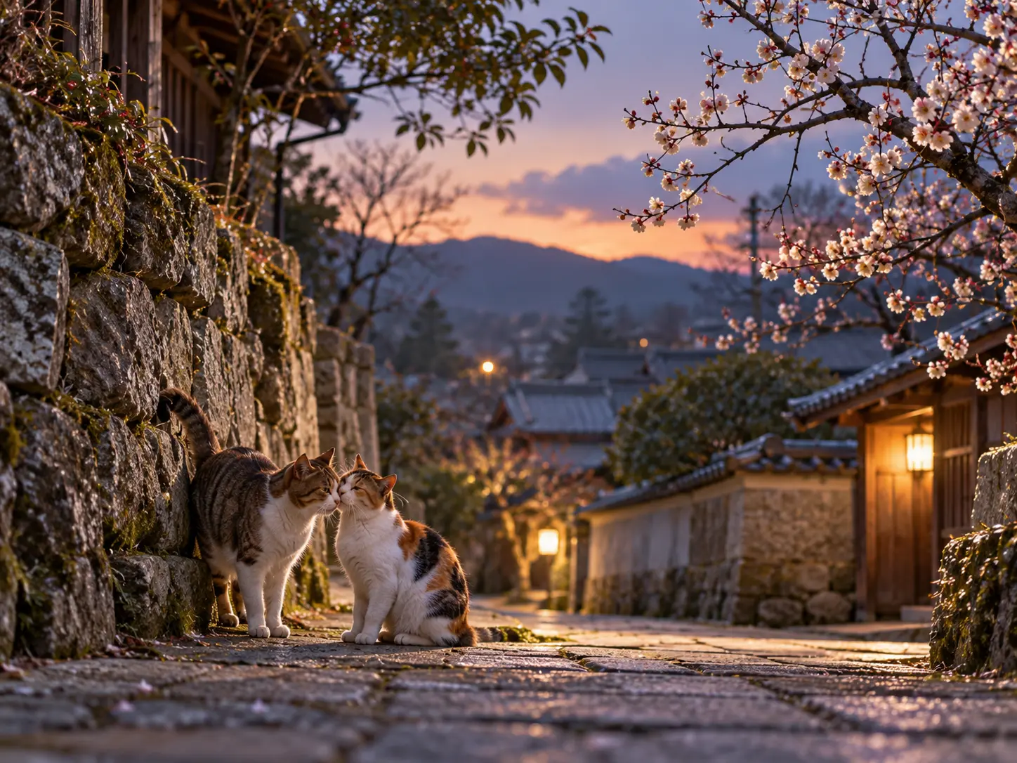 夕暮れの路地で寄り添う二匹の猫。春の季語「猫の恋」を思わせる風景