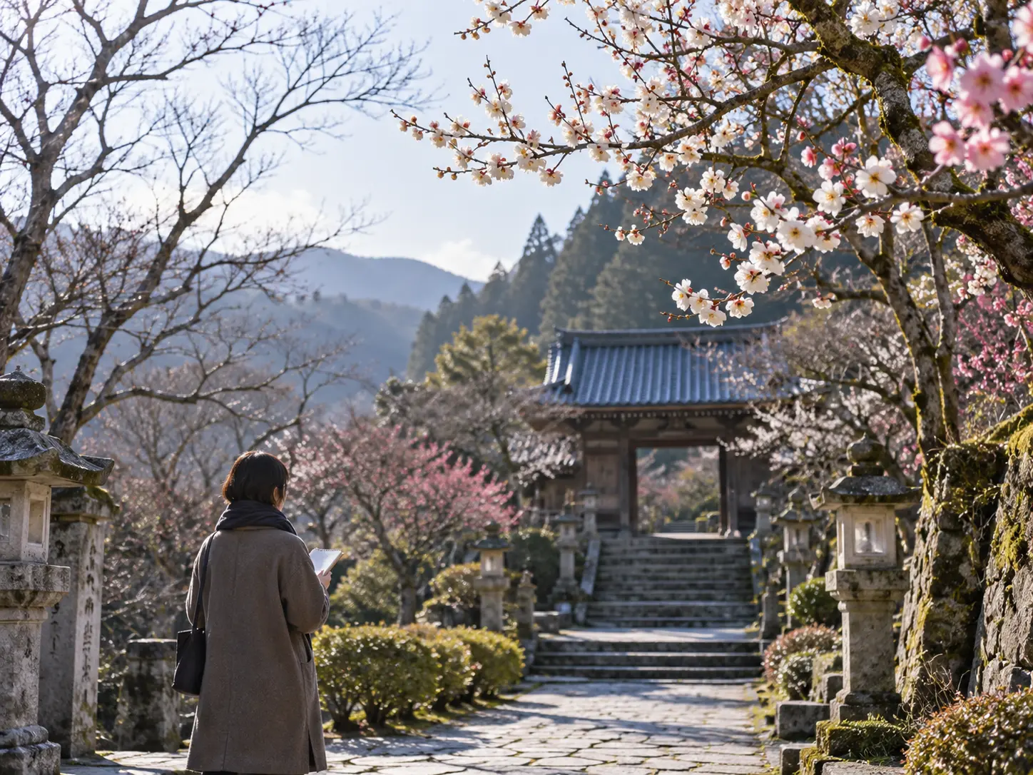2月の梅が咲く寺の参道で、ノートを手に俳句を考える人