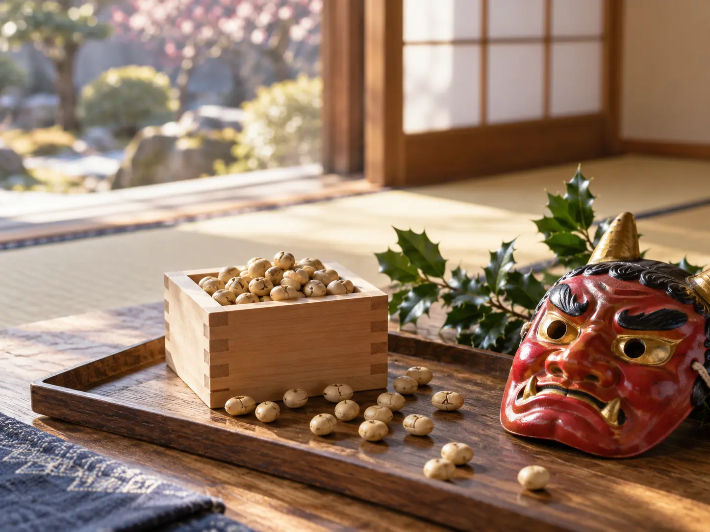節分の豆まきに使う炒り豆と赤鬼の面。節分は冬の季語