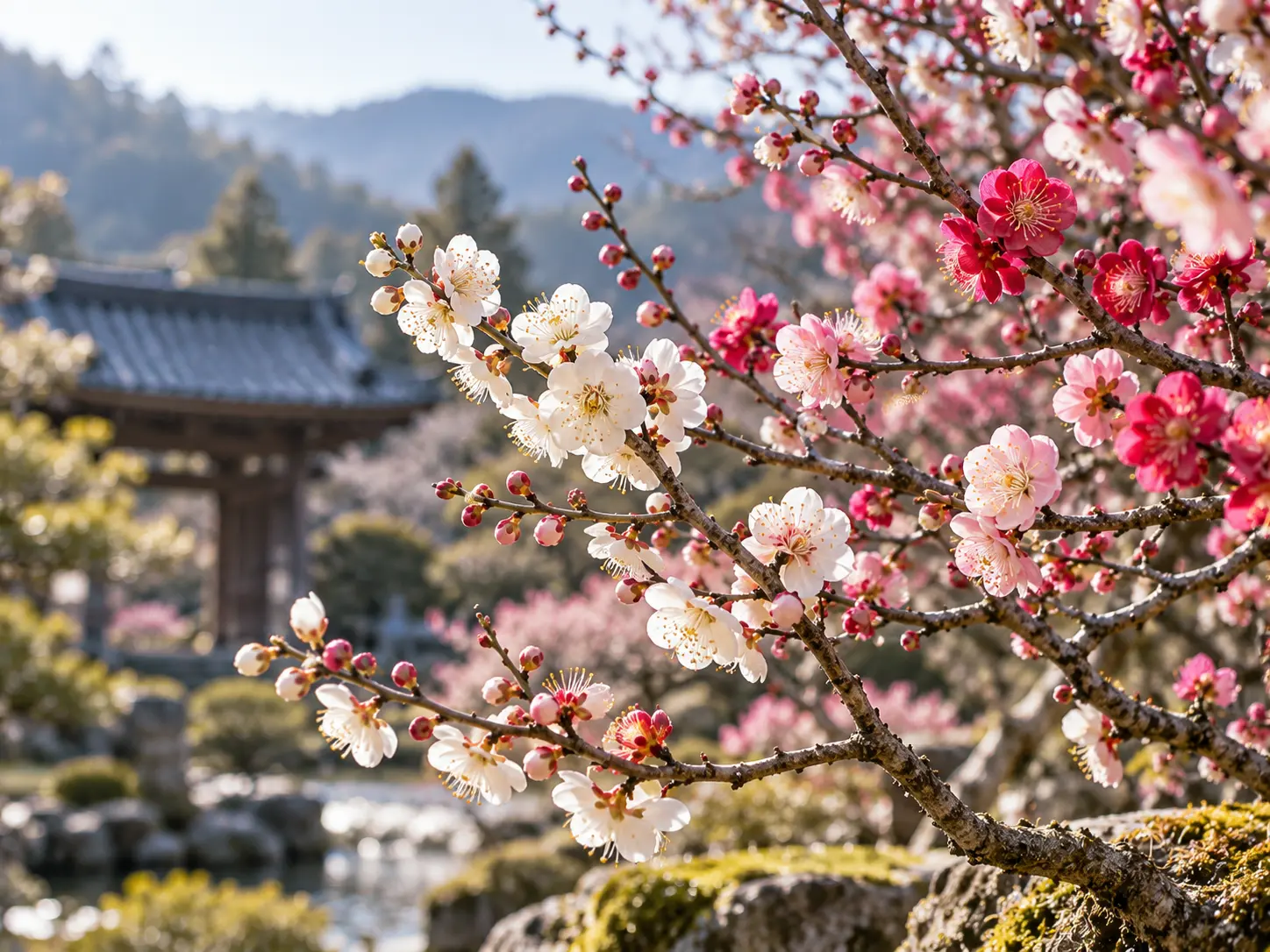 2月の庭に咲く白梅と紅梅。春の季語「梅」を感じる風景