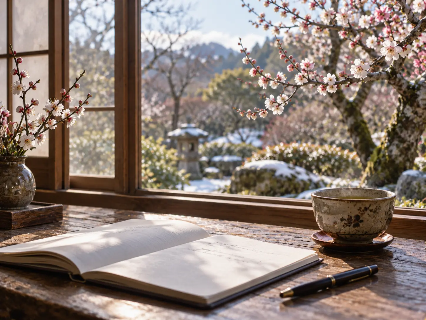 梅の咲く庭を眺めながらノートに2月の俳句を書く窓辺