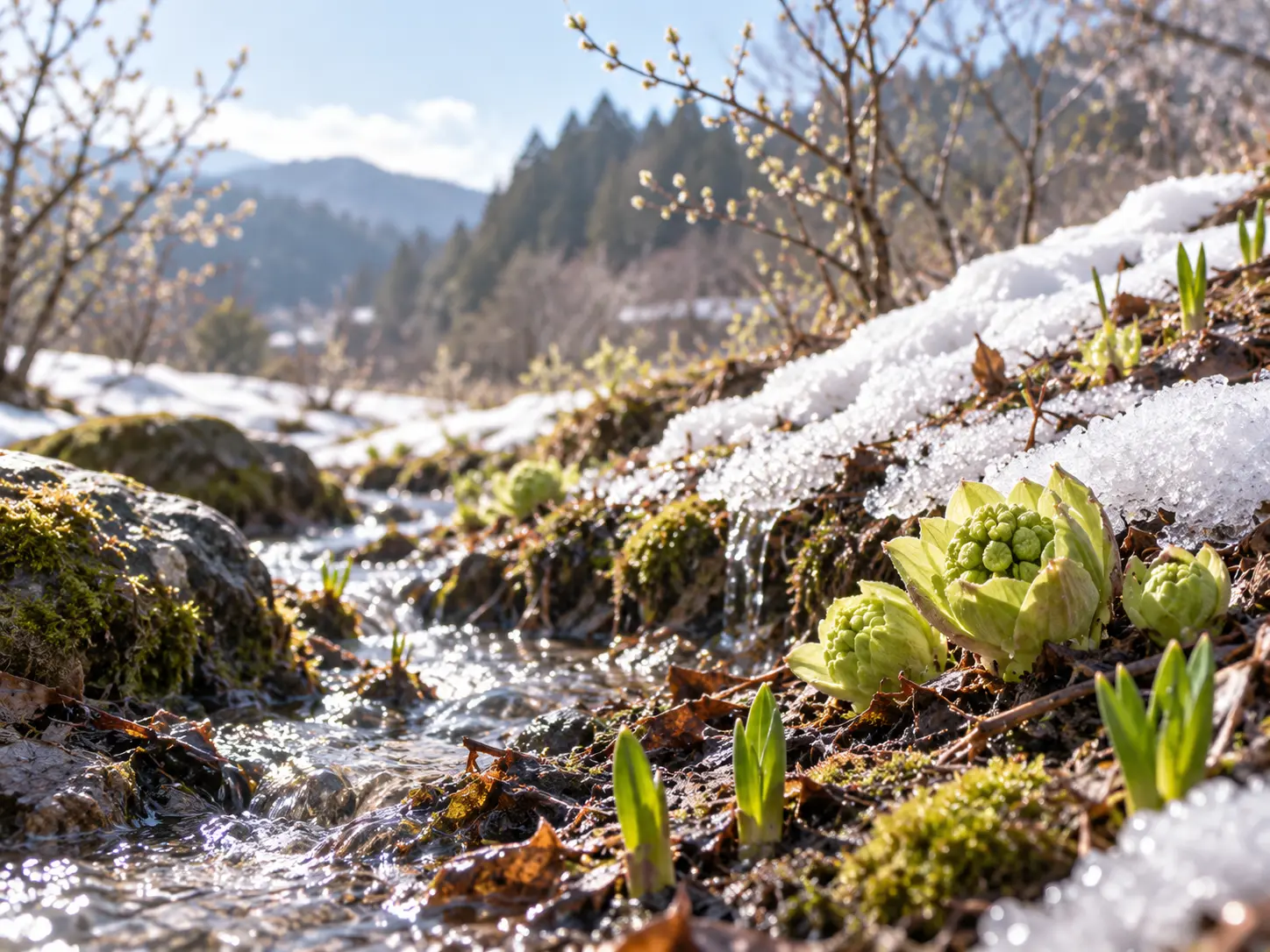 雪解け水のそばに顔を出す蕗の薹。冬から春へ移る2月の風景