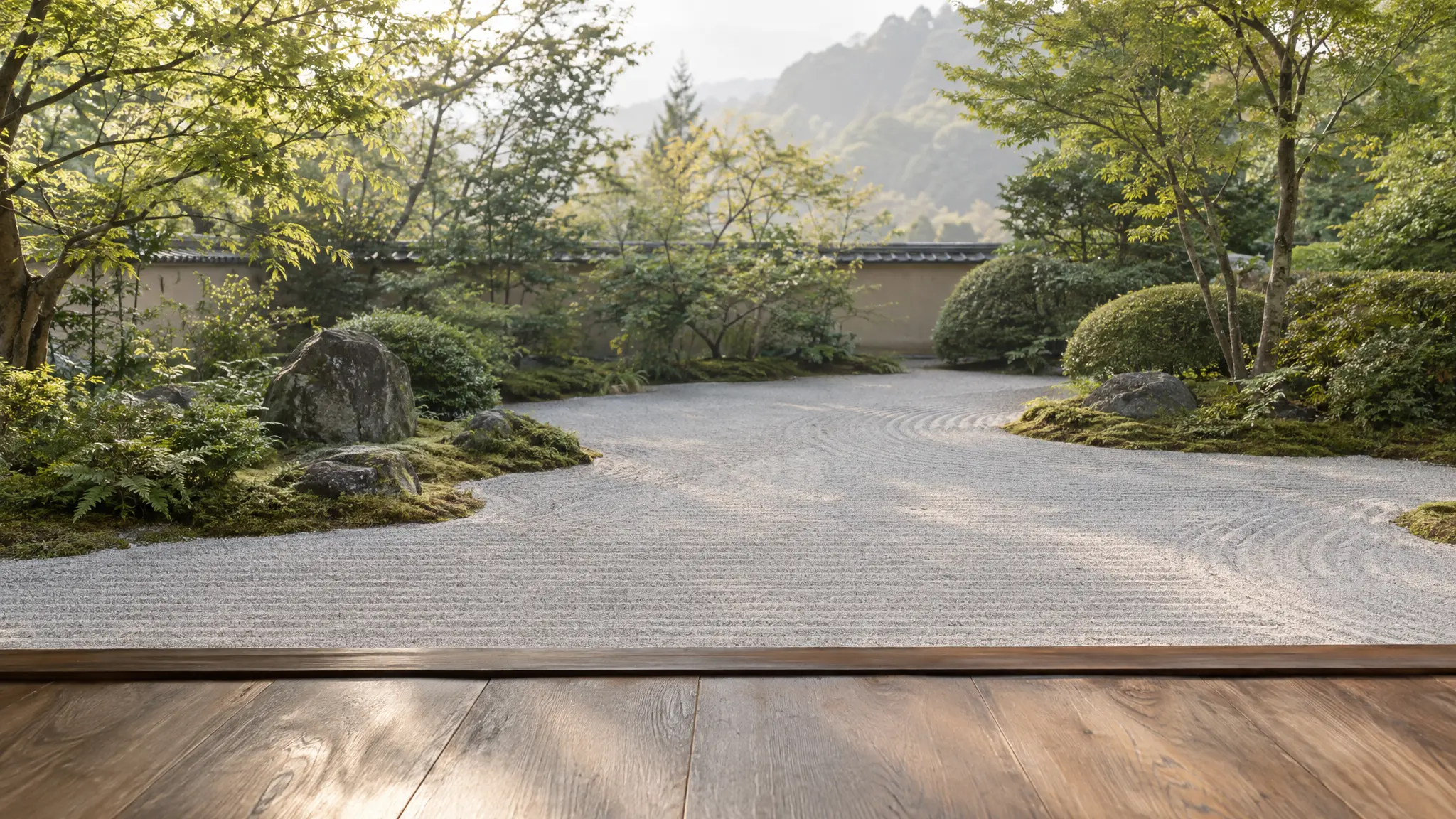 白砂と緑の日本庭園を縁側から眺める吟行のイメージ