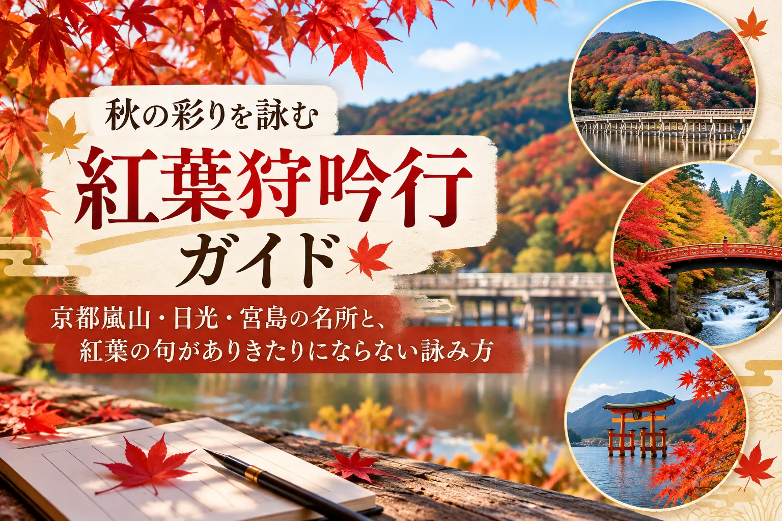 秋の彩りを詠む紅葉狩吟行ガイド|京都嵐山・日光・宮島の名所と、紅葉の句がありきたりにならない詠み方