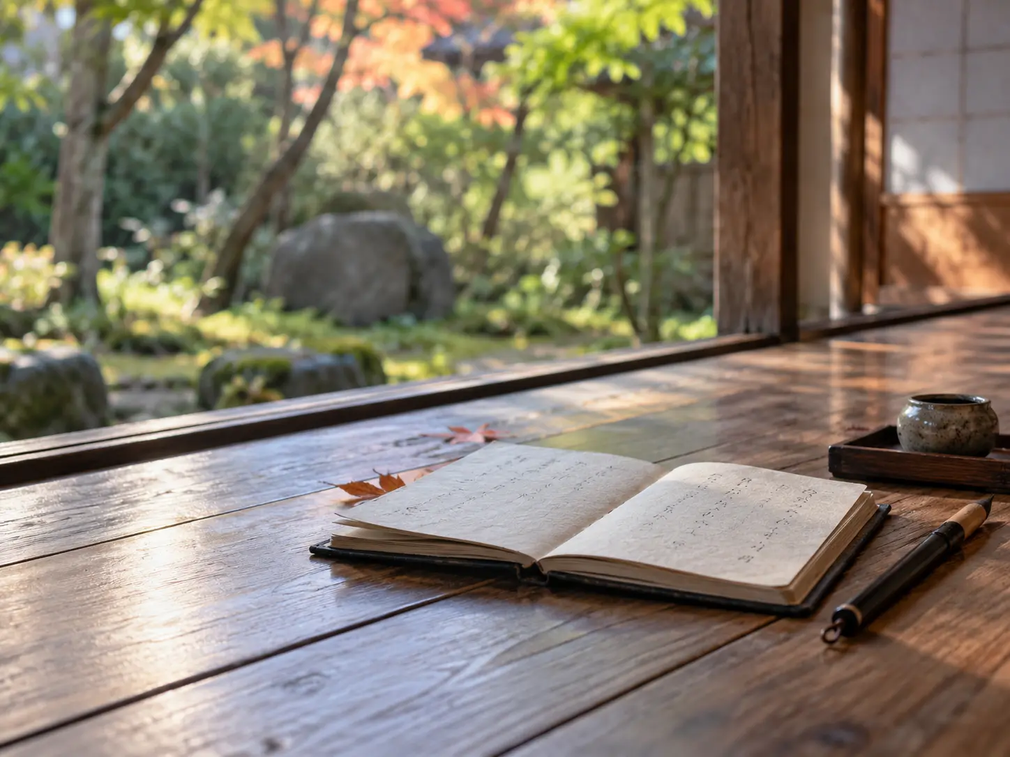 縁側に置かれた句帳と筆ペン、その向こうに庭が広がる静かな情景